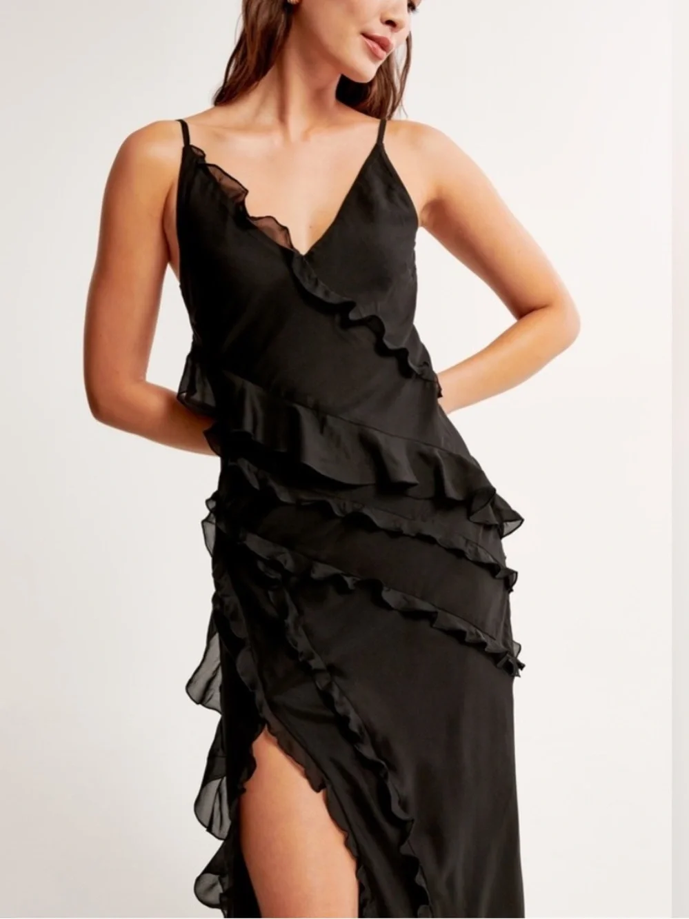 Abercrombie & Fitch Black Ruffle Tiered Slit Maxi Dress